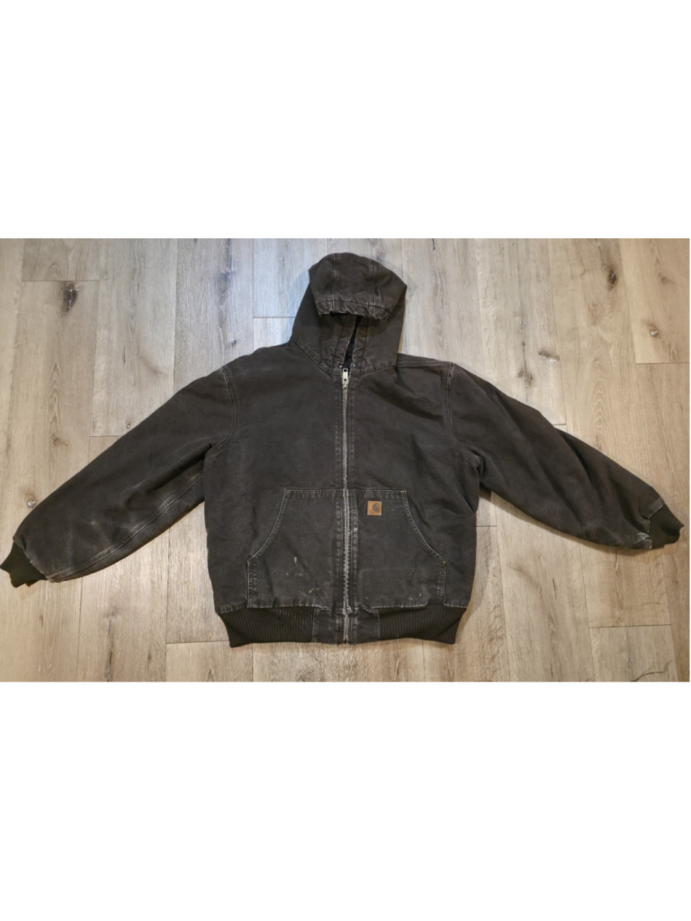 Vtg Carhartt J130 DKB Sandstone Duck Hooded Jacket Faded Distressed Men Large R